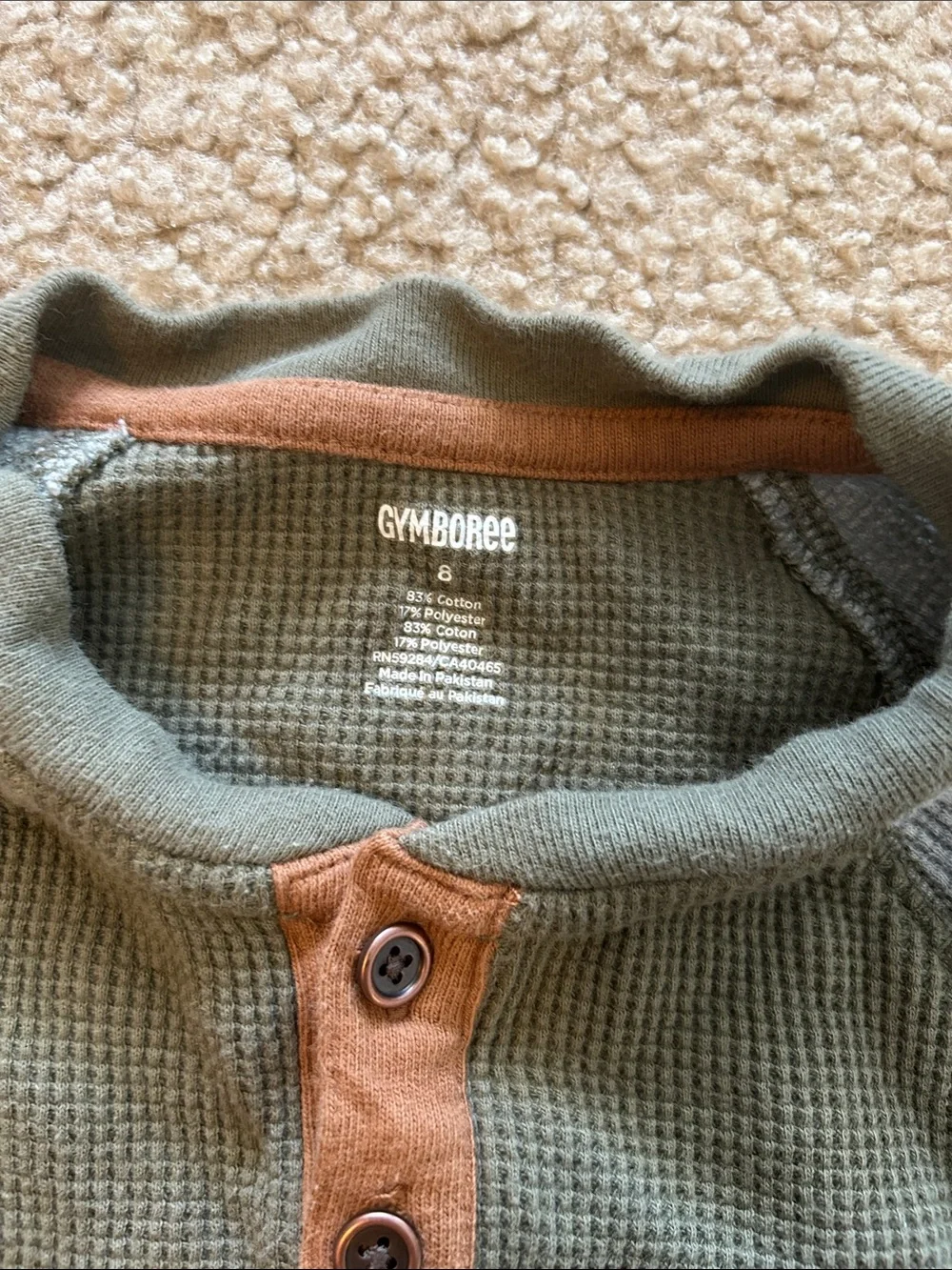 Gymboree Olive Green Waffle Henley with Tan Pocket